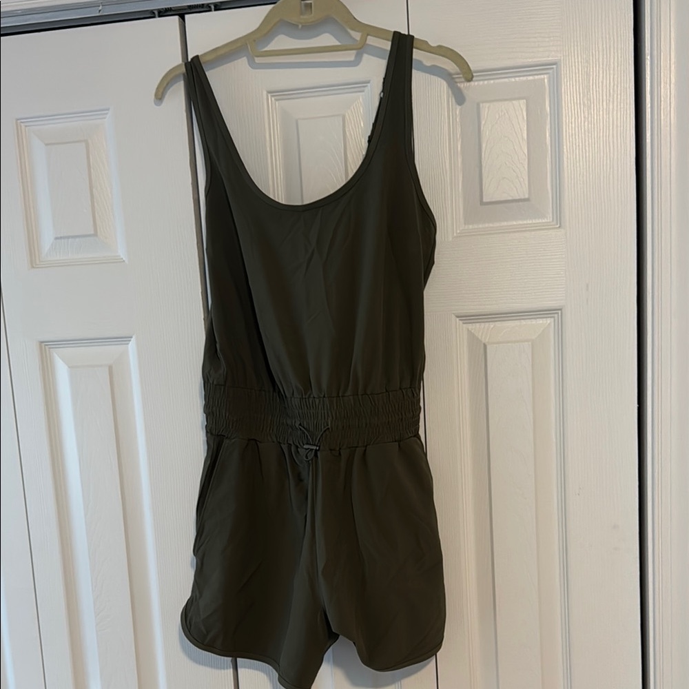 Olive Green Sleeveless athletic Romper. Small TALL SIZE